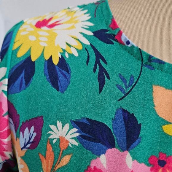 Floral Green Blouse 3/4 Bell Sleeve Womens Small Bloomcore Spring Summer Popover - Picture 6 of 14